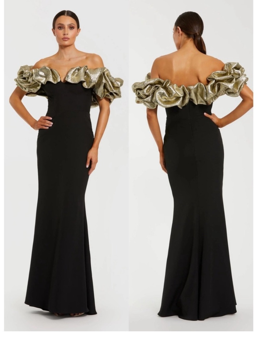 NWT Mac Duggal Metallic Gold Ruffle Off Shoulder Black Mermaid Gown 8